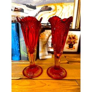 Two Vintage Viking Glass Amberina Bud Vase in Yesteryear Pattern Flared Scallope